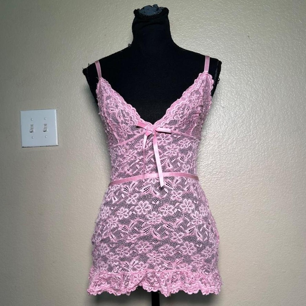 Pink Lace Mini Dress Y2K Coquette Lace Cami Lingerie Dress Small
